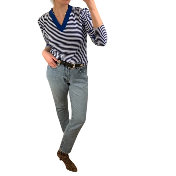 VTG Blue White Stripe V Neck Knit Pullover Sweater Jumper Academia Prep XS S M - Picture 4 of 16